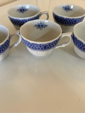 Classic White Porcelain Tea Cups with Blue Floral Band - Set of 5